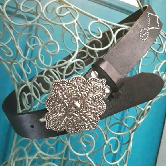 Genuine Leather Belt Buckle Metal Studded Rivets Micro Crystals Black - Picture 7 of 16